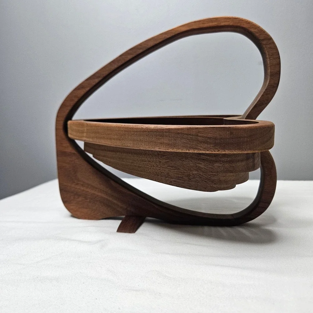 Vintage Heart Shaped Collapsible Wood Fruit Basket Trivet Walnut MCM Decor 10x11